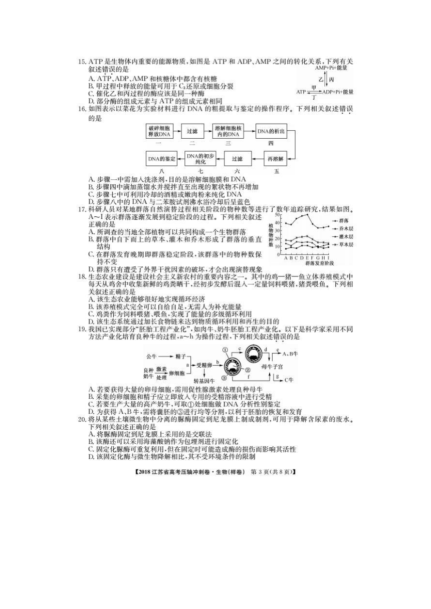 江苏省2018届高三高考压轴冲刺生物试卷（图片版，无答案）