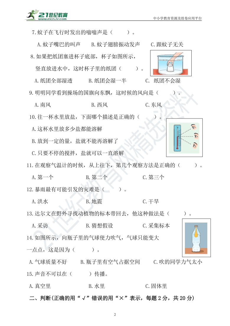 新大象版科学三上期末测试卷（含答案）