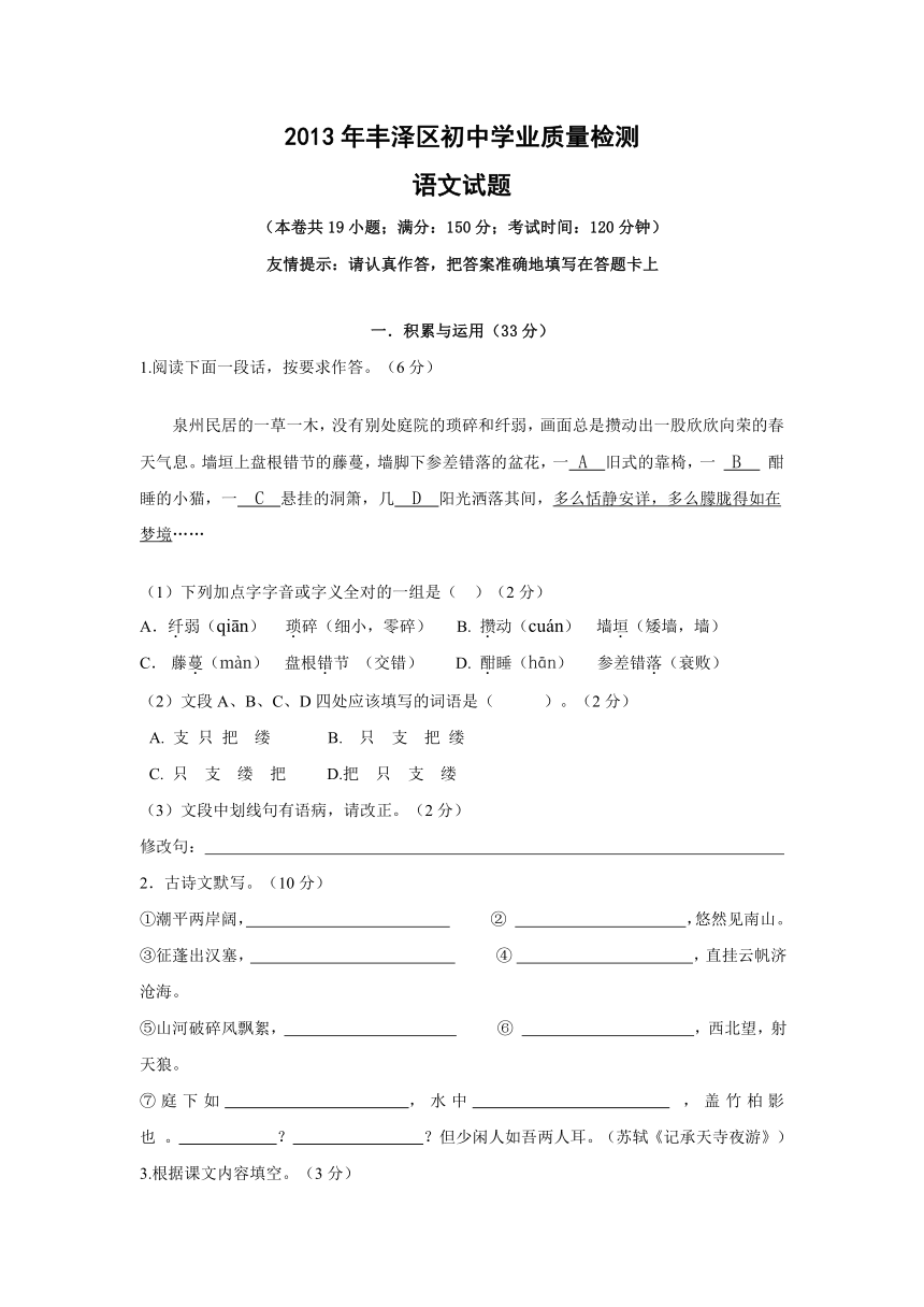 福建省泉州市丰泽区2013年九年级质量检查语文试题