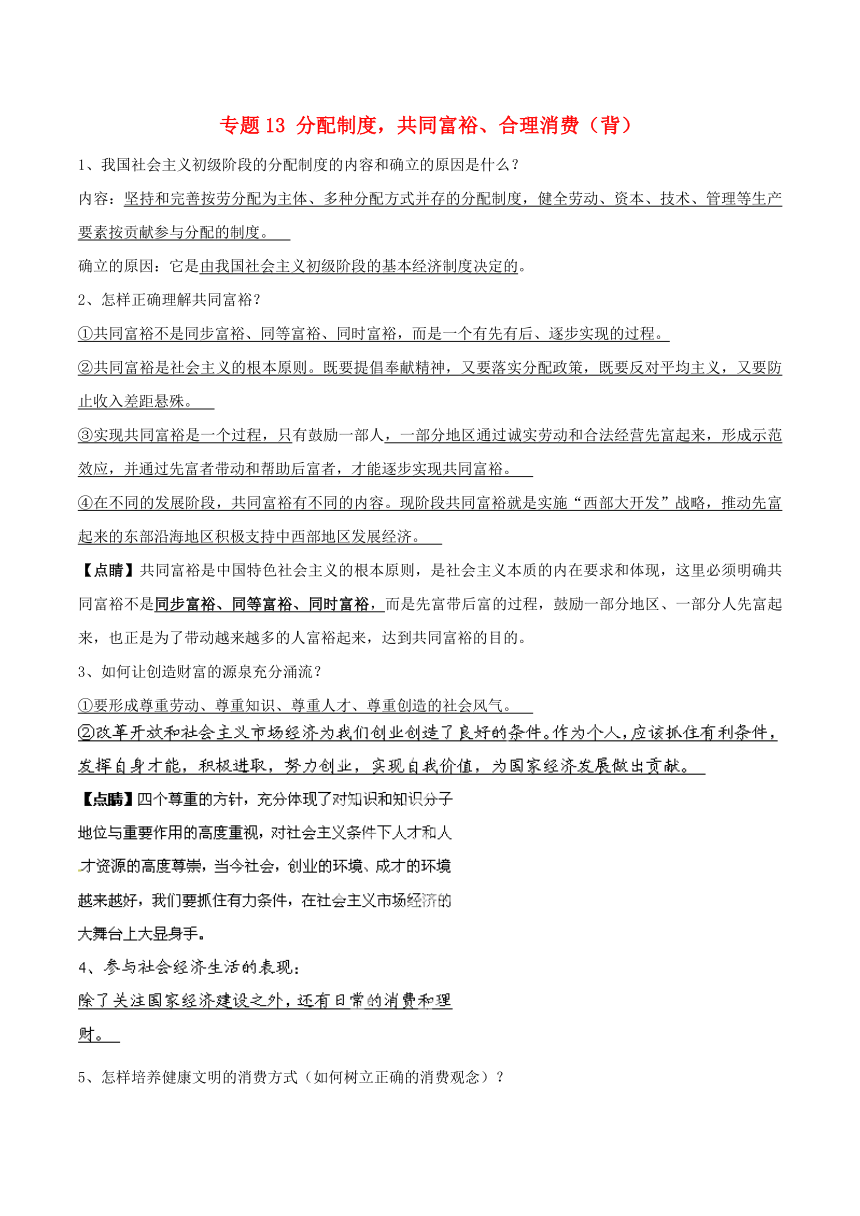 2015政治中考复习专题讲解：专题13 分配制度，共同富裕、合理消费