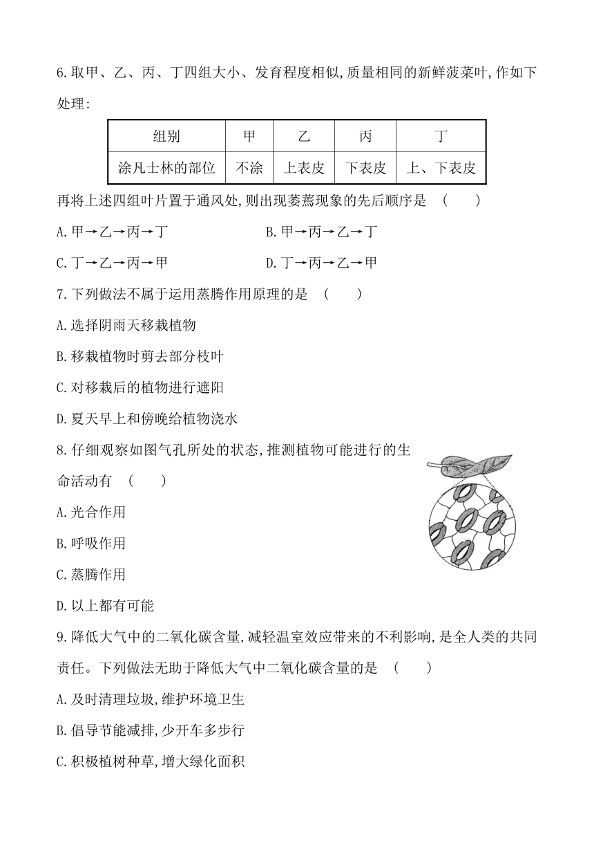 2017年中考生物一轮教材达标测试题：第3单元 第七章 绿色植物在生物圈中的作用（解析版）