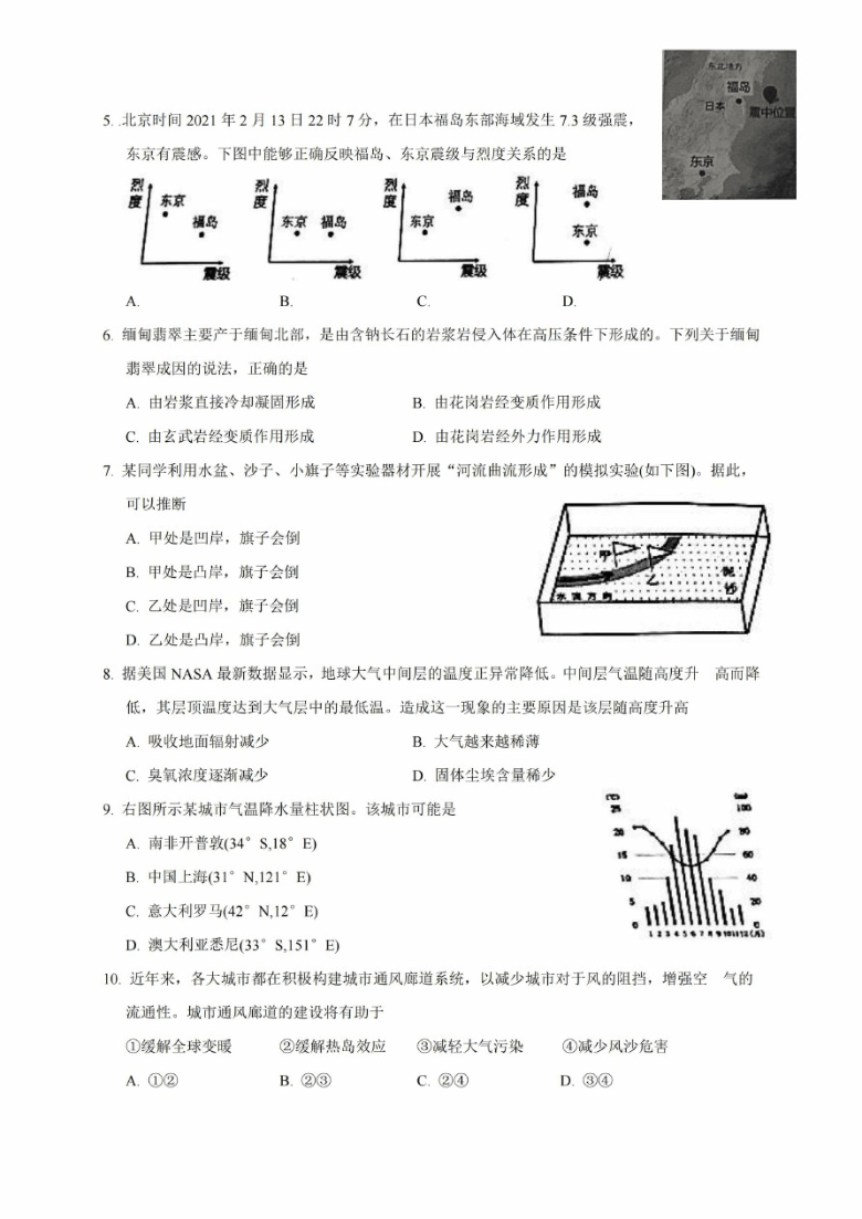 2020-2021学年上海市杨浦区高中地理等级考二模卷(2021.04) 图片版无答案
