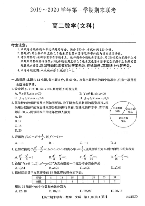 安徽省滁州市九校2019-2020学年高二上学期期末联考数学文试题 PDF版含答案