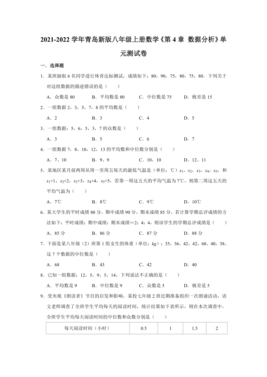 青岛新版2021-2022学年八年级上册数学《第4章 数据分析》单元测试卷（word版含解析）