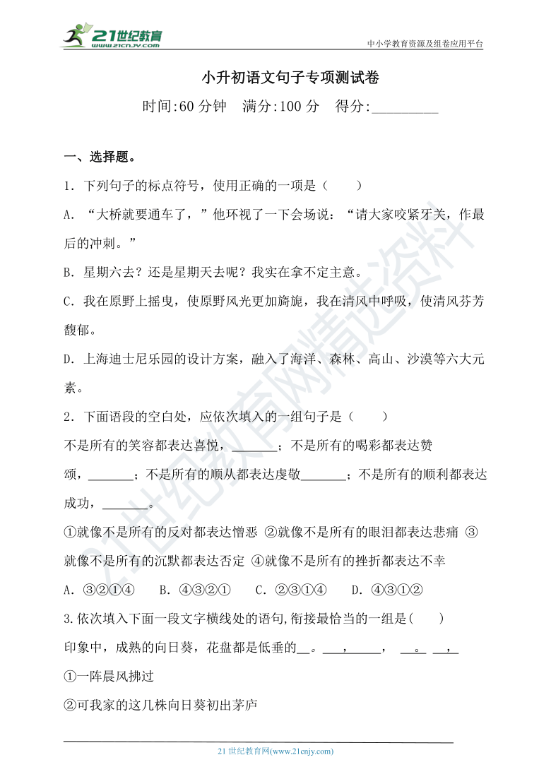 人教统编版 2021·小升初语文试题-字句子专项测试卷-（含答案）