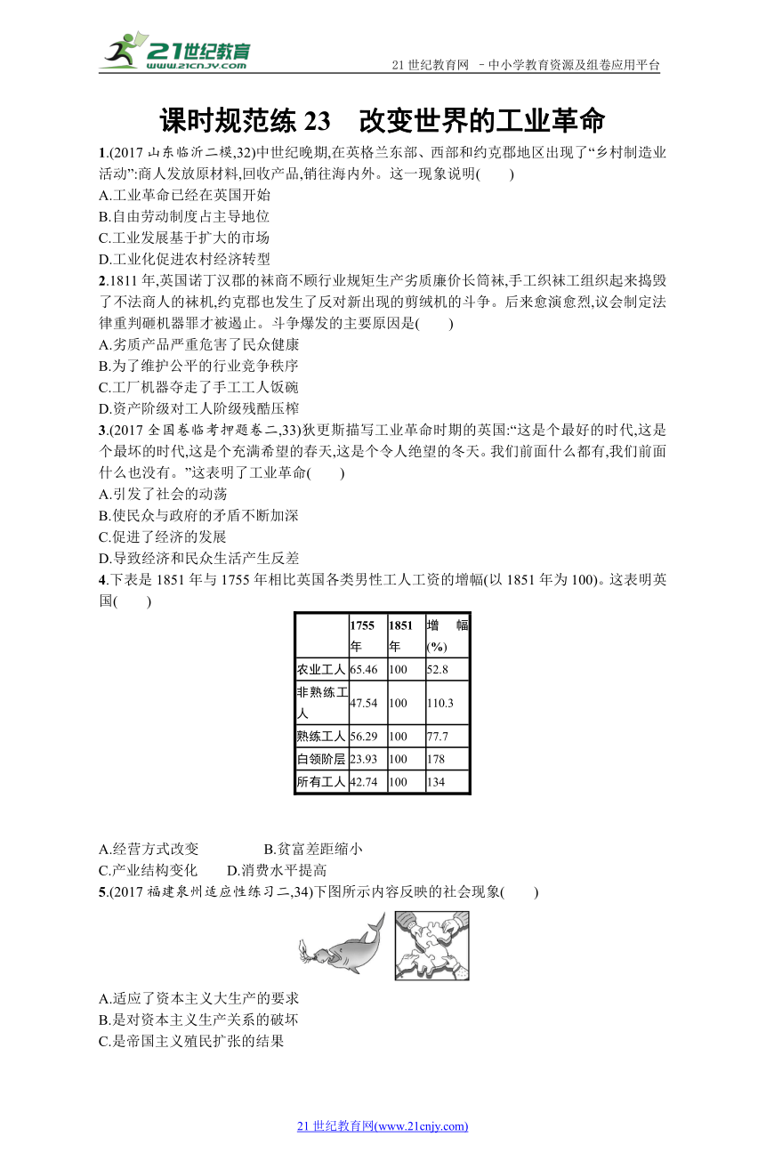 2019历史岳麓版一轮课时规范练23 改变世界的工业革命