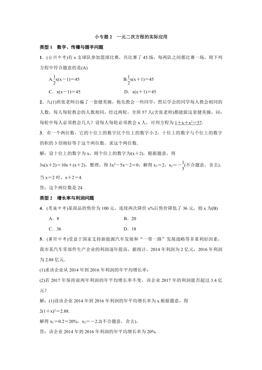 《小专题2：一元二次方程的实际应用》同步习题（含答案）