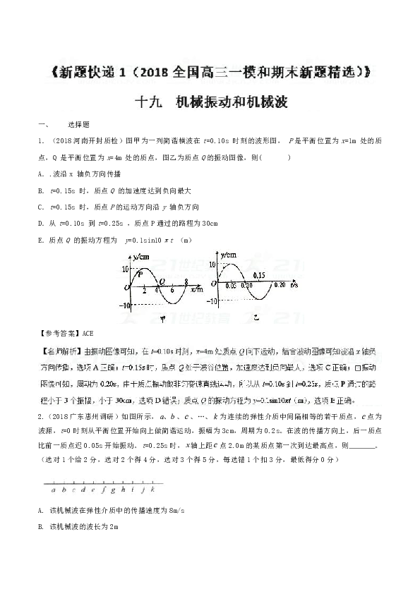 2018全国高三一模和期末新题精选专题19机械振动和机械波第01期