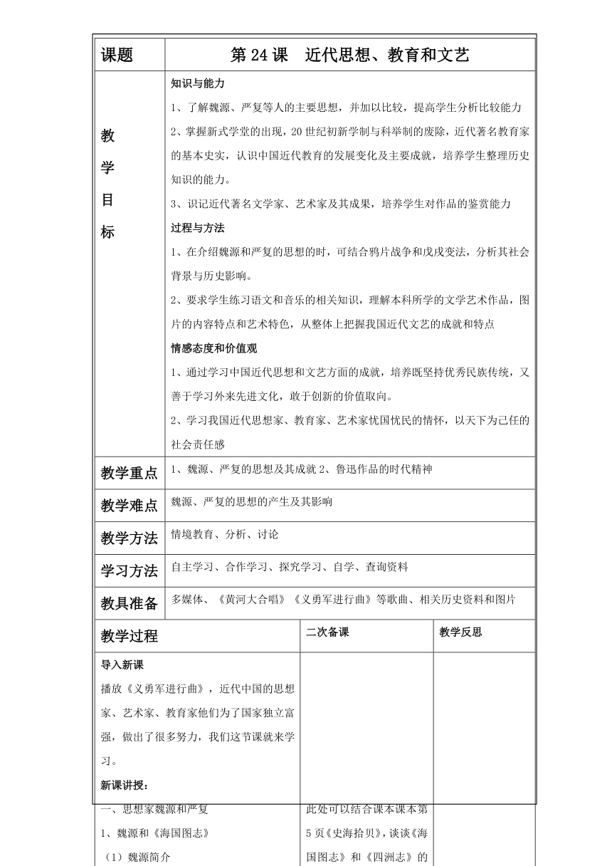 第24课 近代思想、教育和文艺 教学设计 表格式