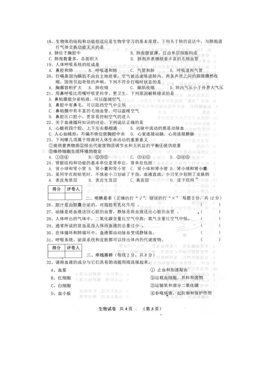 安徽省宿州市泗县2017-2018学年七年级下学期期中考试生物试题（图片版）