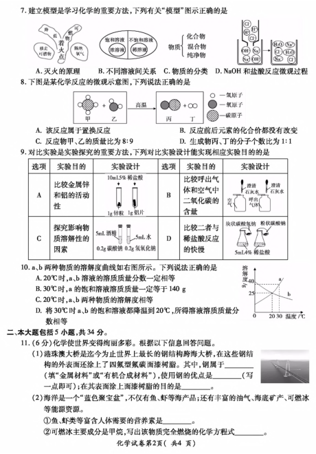 安徽省宣城市2019年初三下学期初中学业水平考试模拟化学试卷（pdf版有答案）