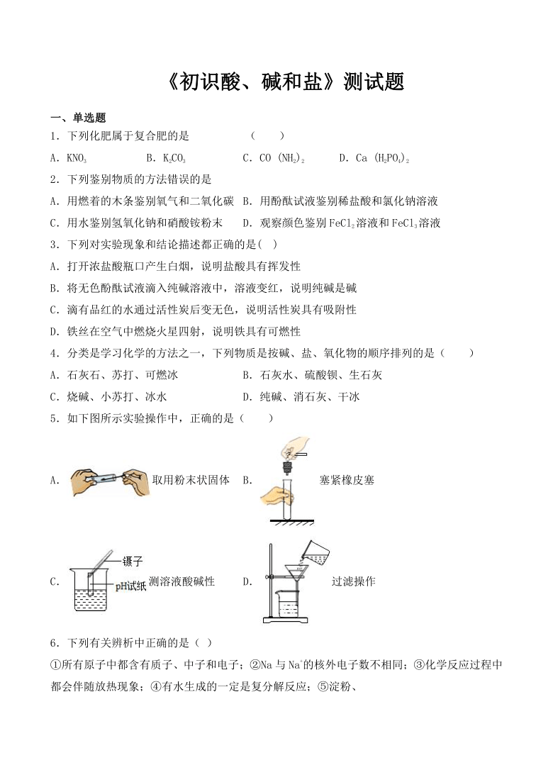 2020-2021学年仁爱版化学九年级下册专题7《初识酸、碱和盐》测试题（含答案）