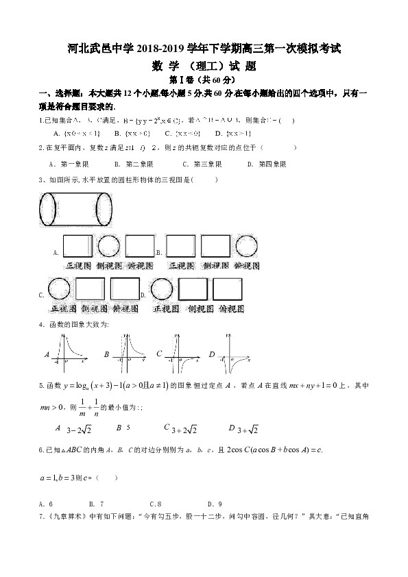 河北省武邑中学2019届高三下学期第一次模拟考试数学（理）试题