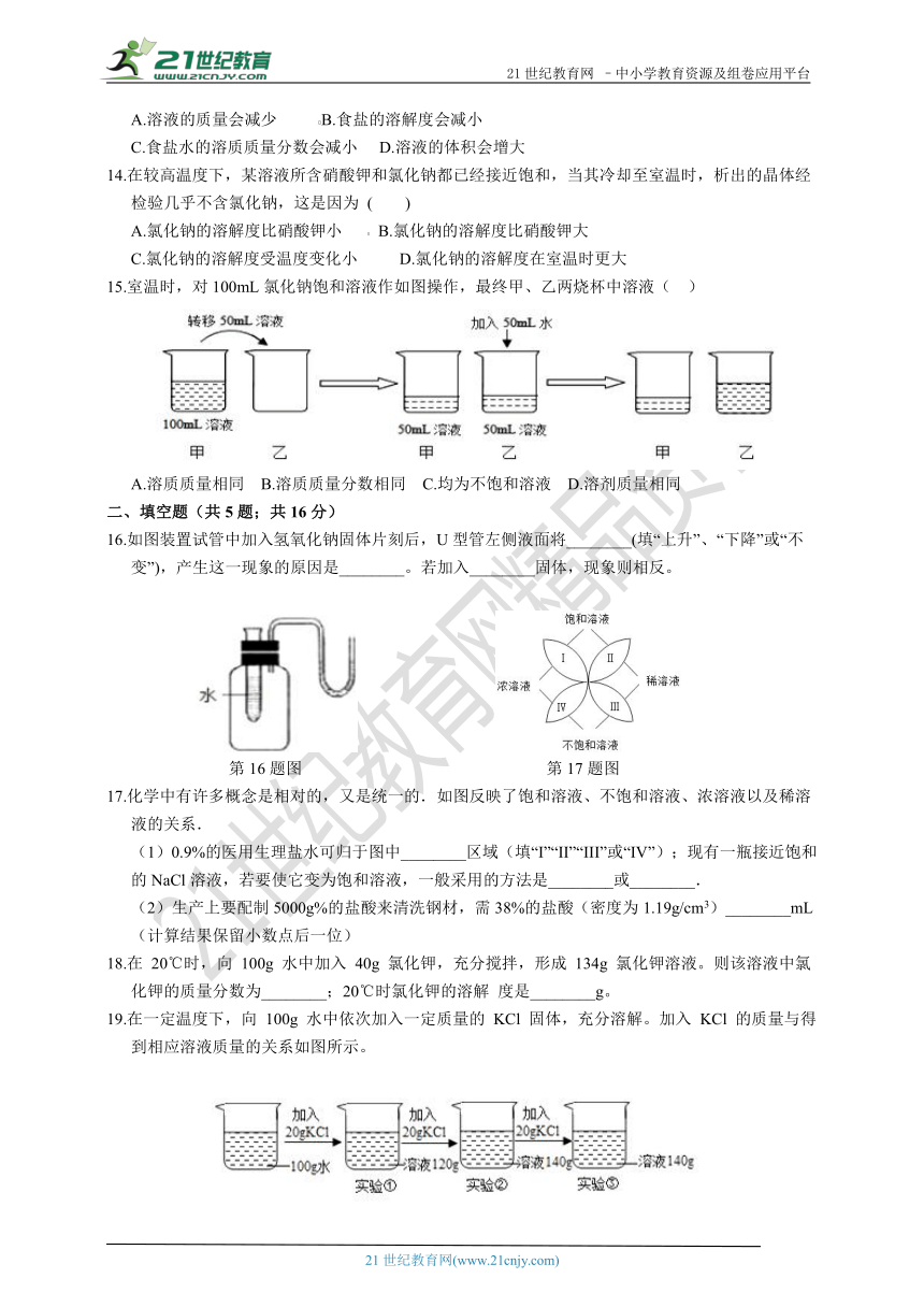 浙教版八年级科学上册 1.5物质的溶解 同步练习