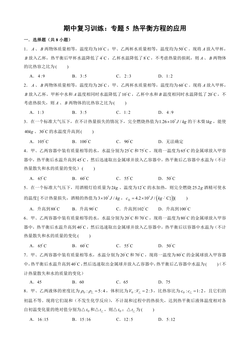 期中复习训练：专题5 热平衡方程的应用— 2021-2022学年人教版九年级物理全一册（有解析）