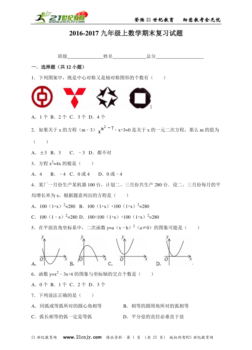 2016-2017人教版九年级上数学期末复习试题