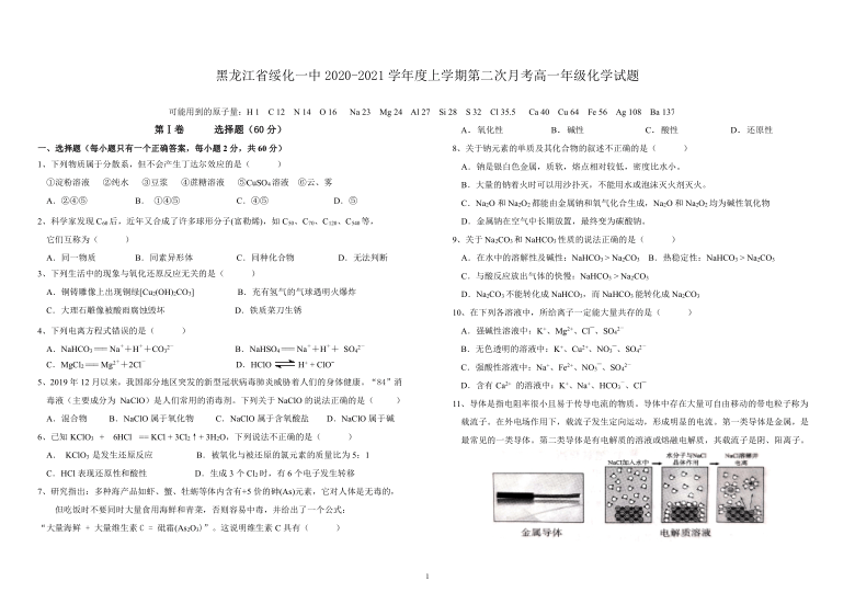 黑龙江省绥化市一中2020-2021学年高一上学期第二次月考（11月）化学试题  含答案