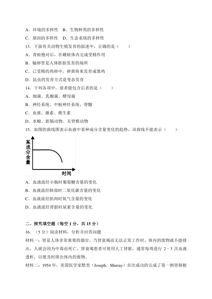 江西省上饶市广丰区2017-2018九年级上学期期末考试生物试卷（WORD版)