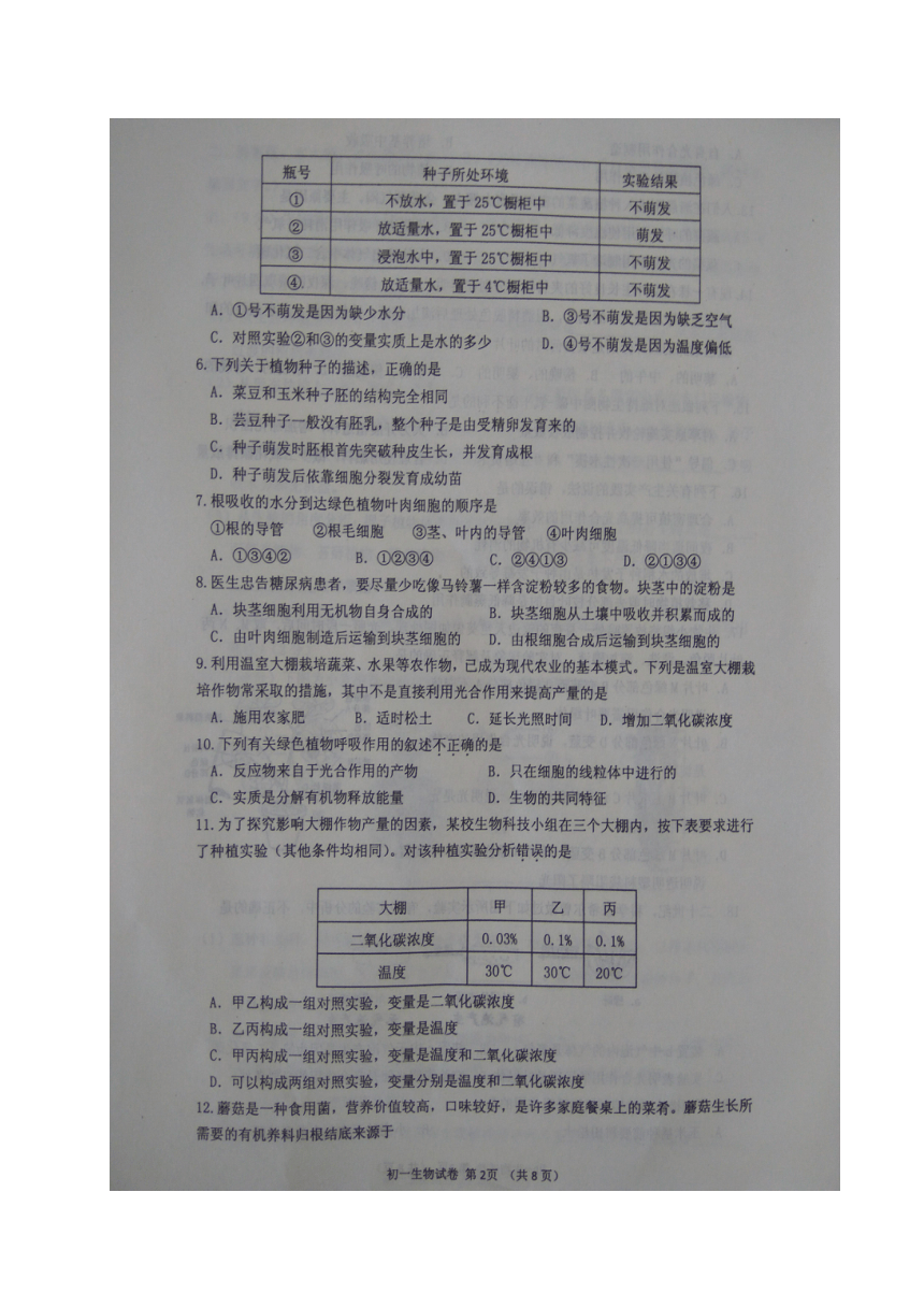 山东省威海市乳山市2016-2017学年六年级（五四学制）下学期期末考试生物试题（图片版，无答案）