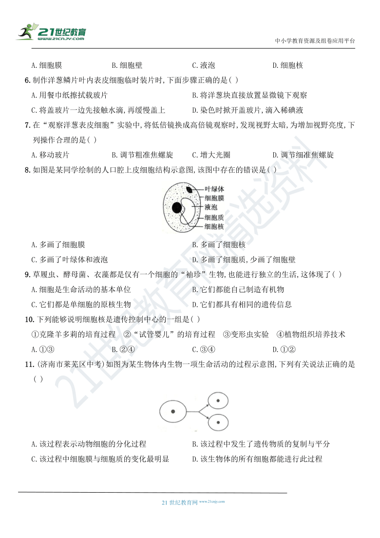 人教版初一上册系列测评卷 第二单元 生物体的结构层次（含答案）