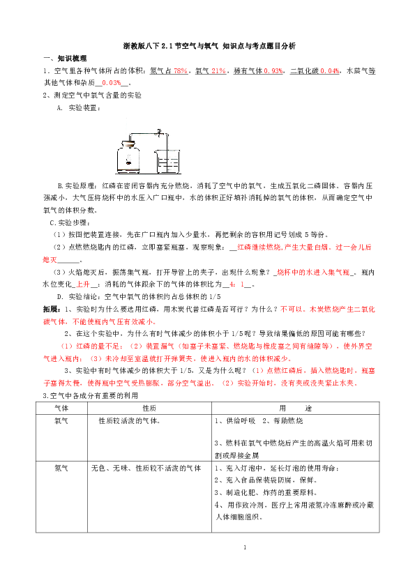 3.1节空气与氧气 知识点与考点题目分析