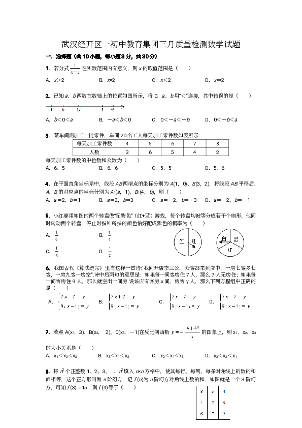 湖北省武汉市经开区2020届九年级3月月考数学试题（PDF版，无答案）