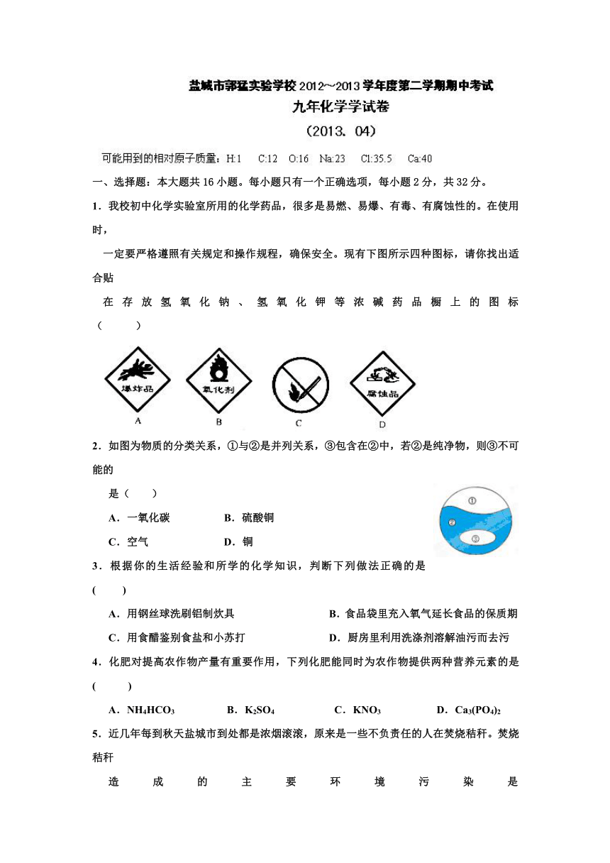 江苏省盐城市郭猛实验学校2013届九年级下学期期中考试化学试题