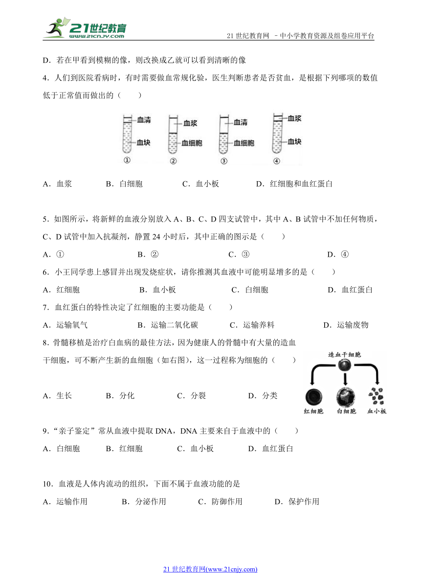 第四章   人体内物质的运输单元检测试题（一）（含答案）