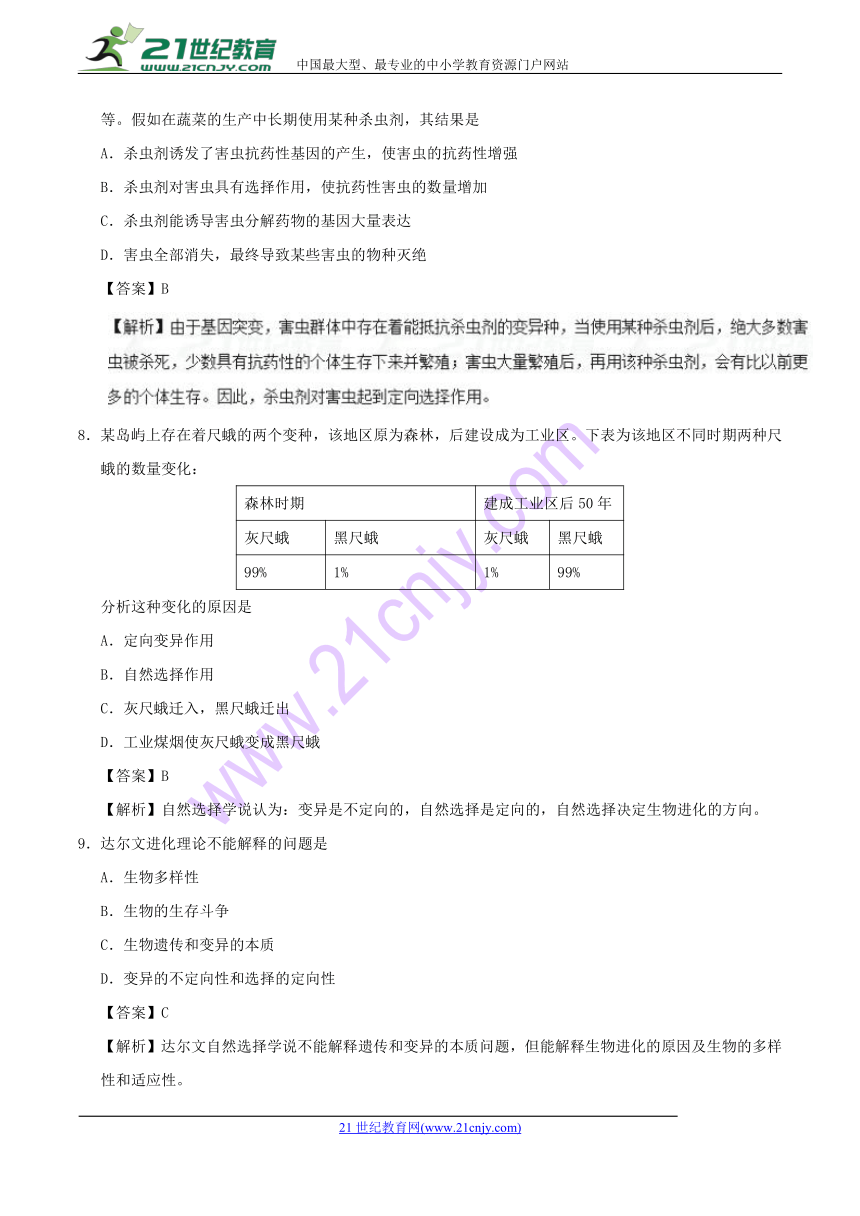 2017-2018学年高一生物人教版必修2专题7.1现代生物进化理论的由来课时练习