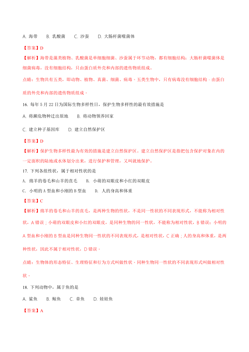 黑龙江省齐齐哈尔市2018年中考生物试题（解析版）