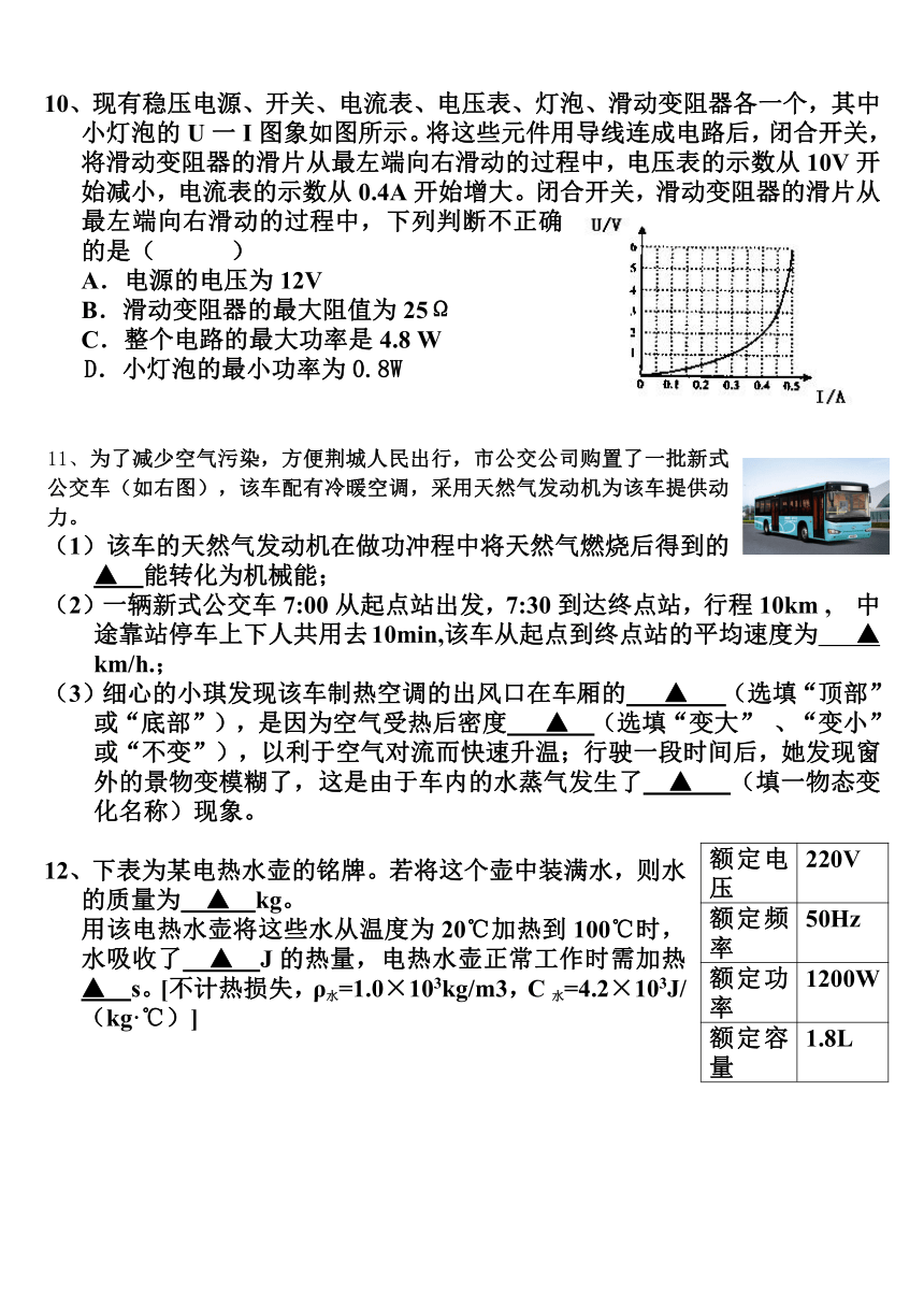 湖北省荆门市东宝区文峰中学2014年3月九年级综合测试物理试题（无答案）