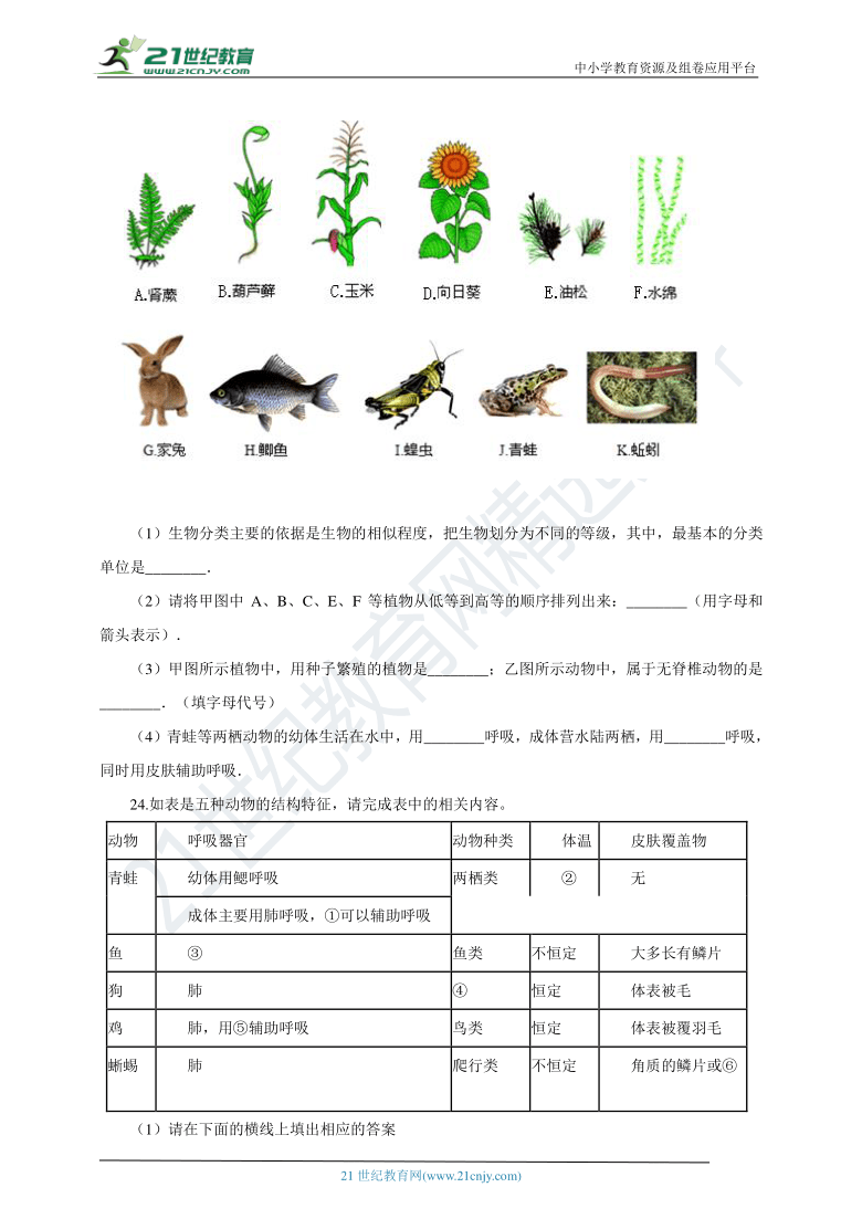 苏科版2021初中生物七下5.14.2生物检索表 同步练习（含解析）