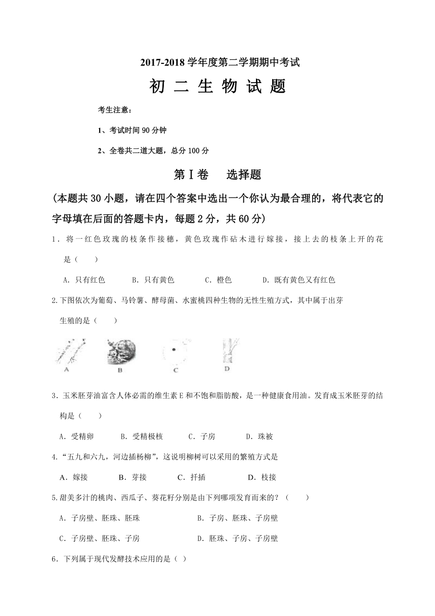 黑龙江省大庆市杜尔伯特县2017-2018学年八年级（五四学制）下学期期中考试生物试题（含答案）