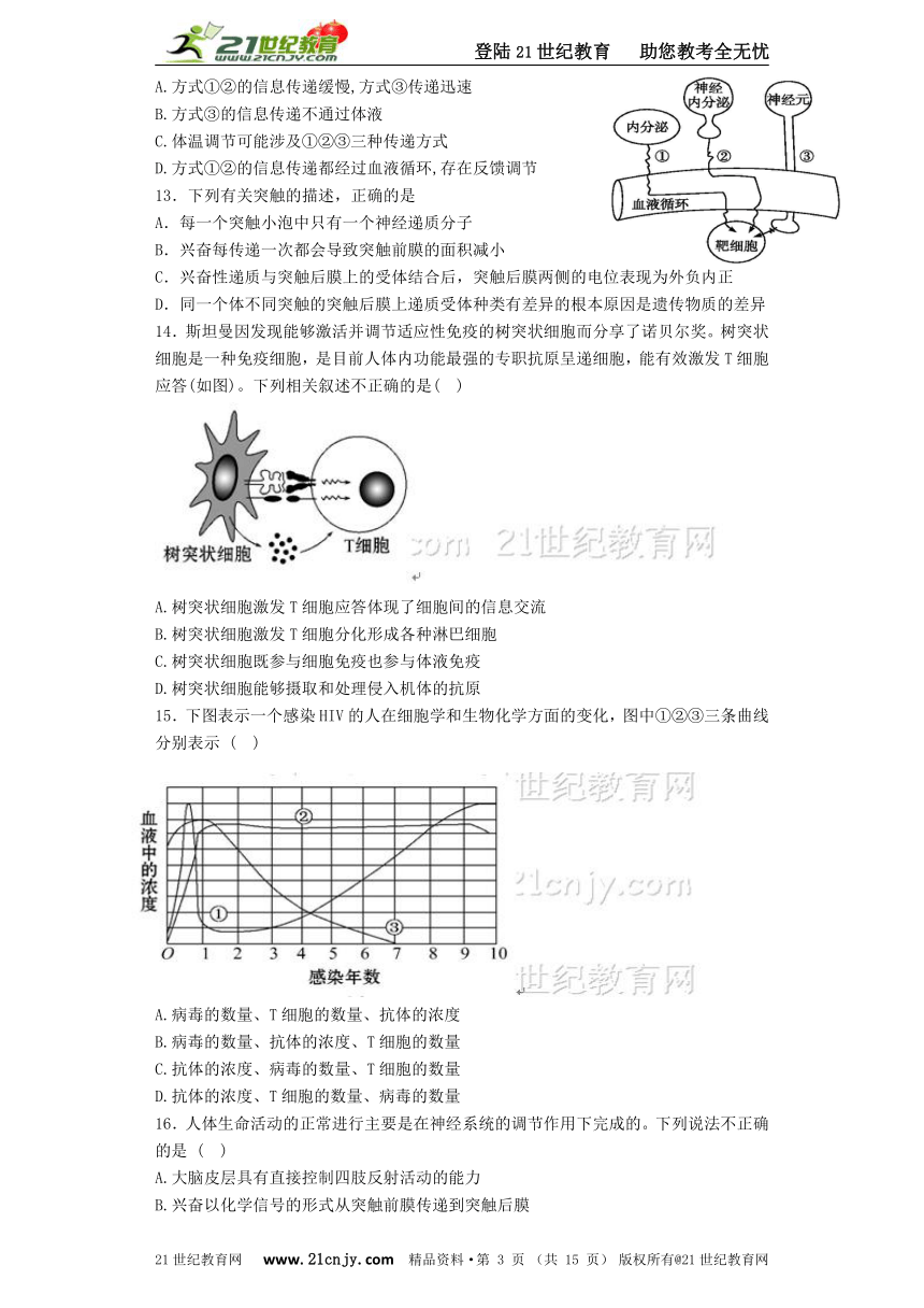 人教版2014-2015高二上学期第二次月考 必修三 第1——3章 生命活动的调节