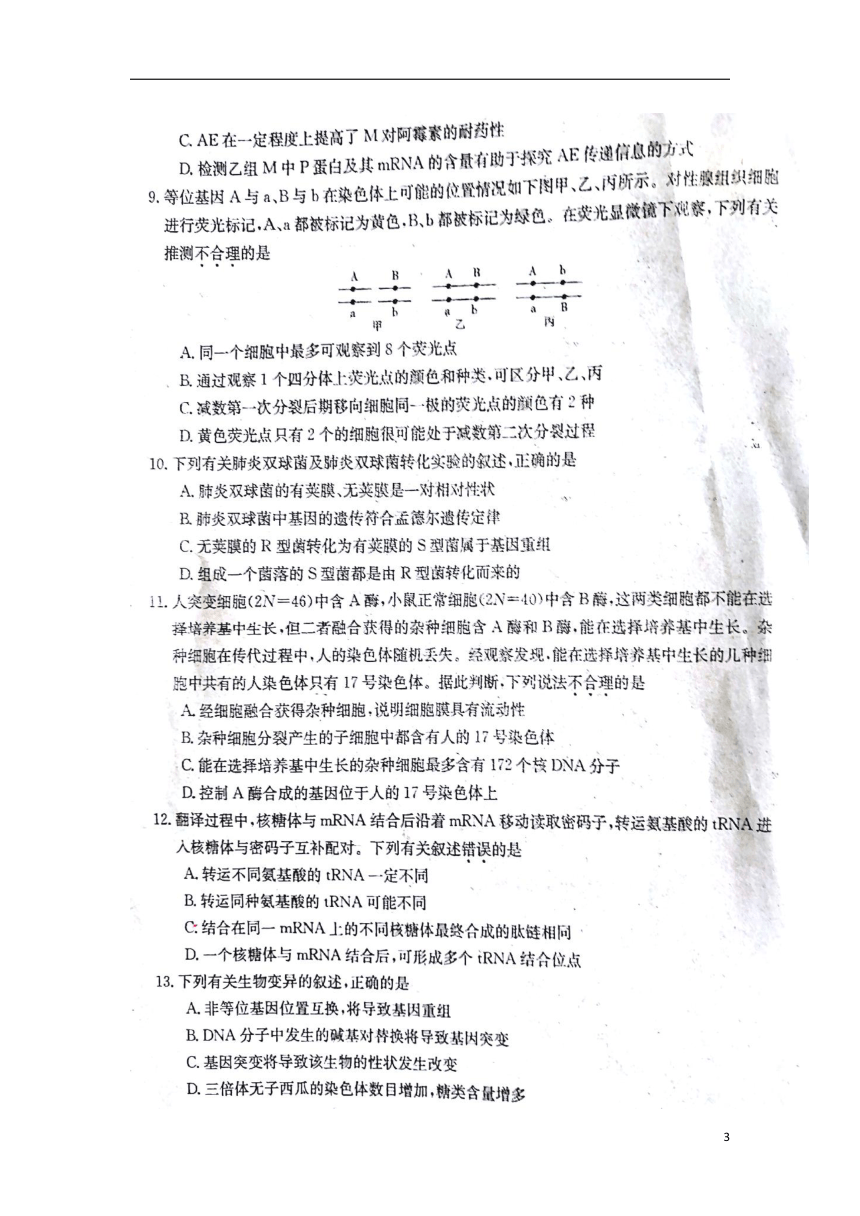 湖南省衡阳县第四中学2019届高三生物9月月考试题（扫描版）