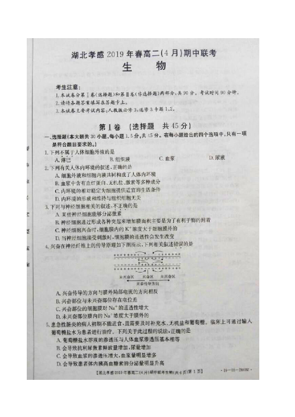 2018-2019学年湖北省孝感市高二下学期（4月）期中联考生物试题（图片版)