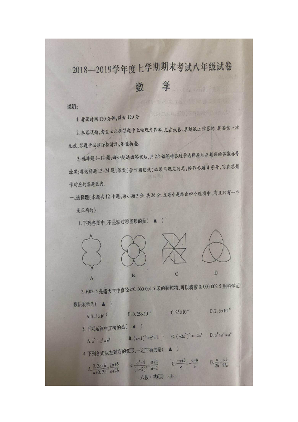 湖北省荆门市京山市2018-2019学年度上学期期末考试八年级数学试卷（图片版含答案）