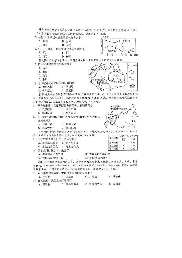 2019年四川省绵阳市中考地理试题（扫描版，无答案）