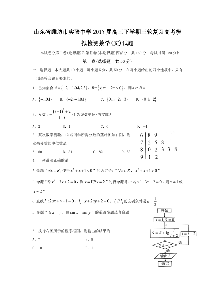 山东省潍坊市实验中学2017届高三下学期三轮复习高考模拟检测数学（文）试卷