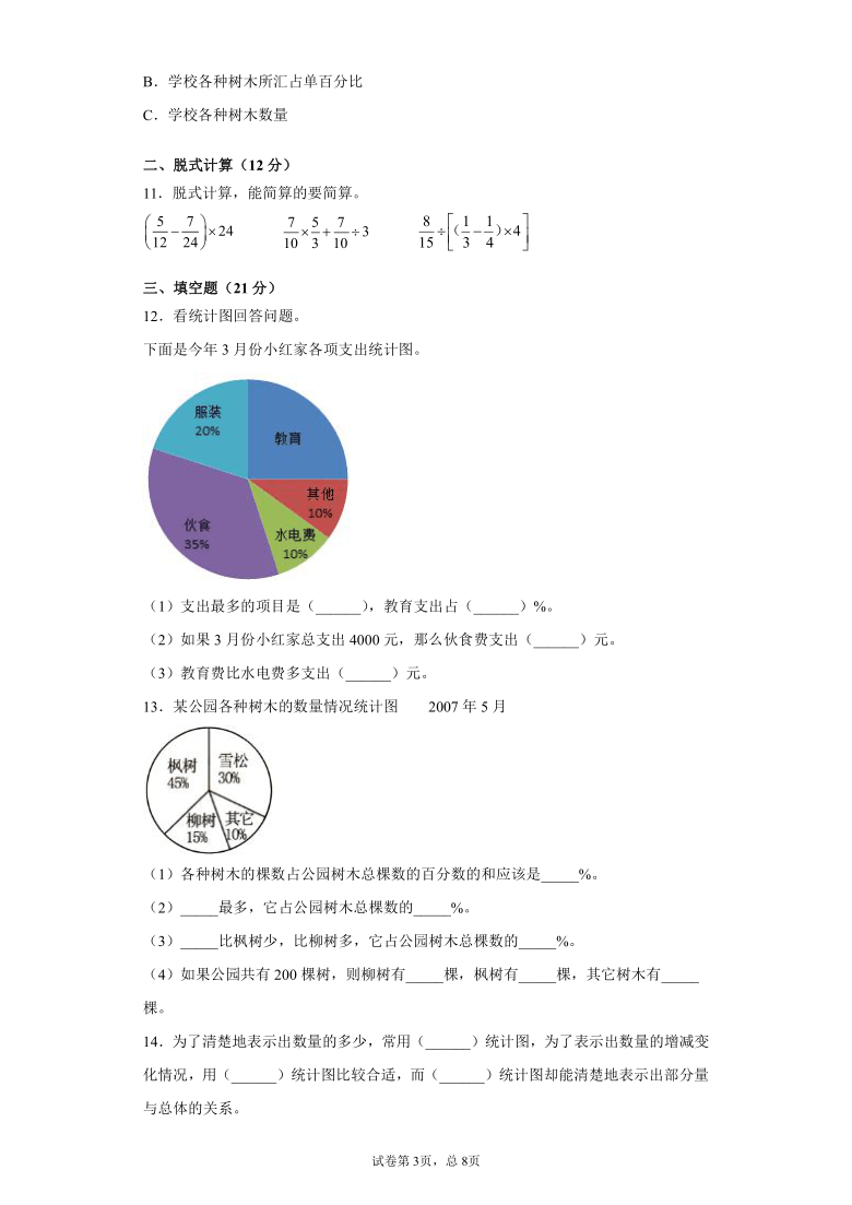 苏教版六年级下册数学第一单元扇形统计图测试卷含答案