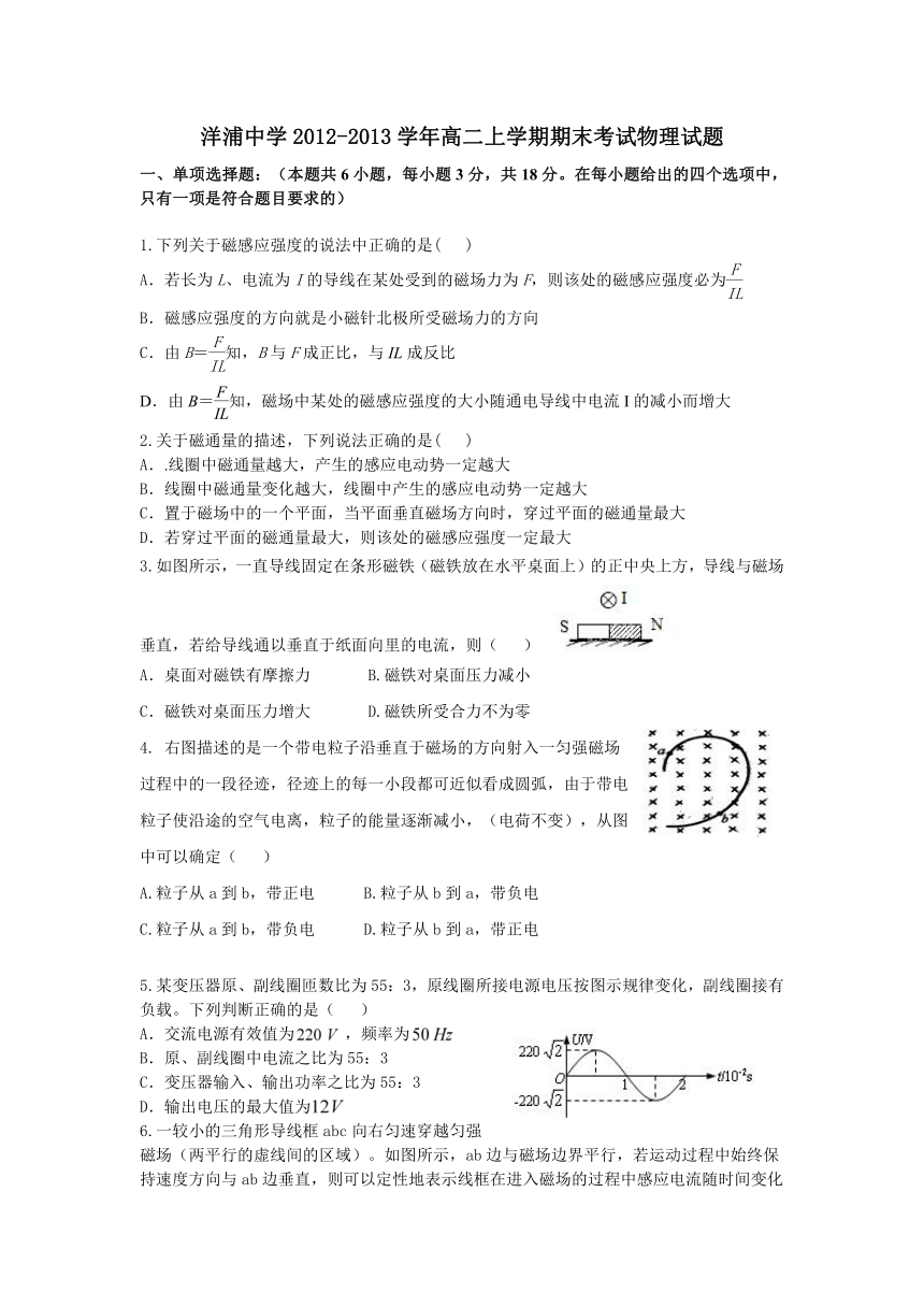 海南省洋浦中学2012-2013学年高二上学期期末考试物理试题