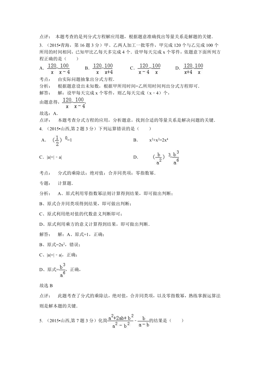 2015年全国中考数学试卷解析分类汇编（第三期）专题7 分式与分式方程