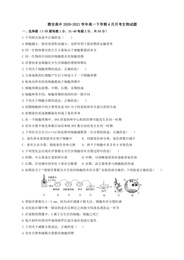 四川省雅安高中2020-2021学年高一下学期4月月考生物试题 Word版含答案