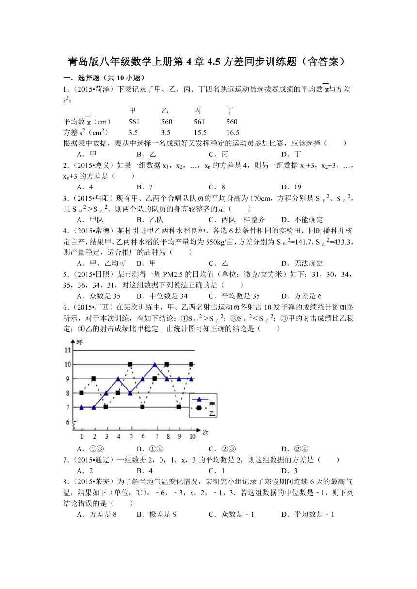青岛版八年级数学上册第4章4.5方差同步训练题（含答案）