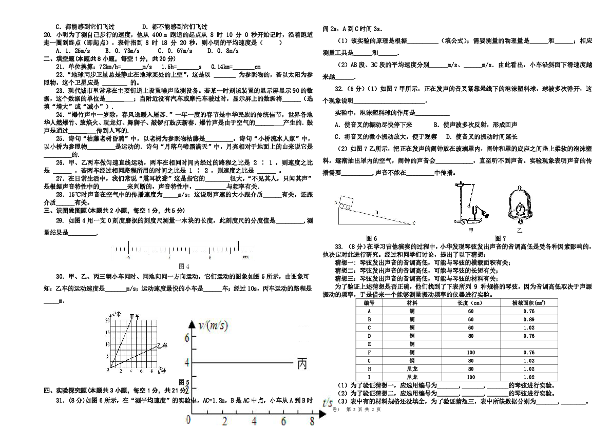 2019至2020学年度第一学期第一次月考八年级物理试题试题（卷）(无答案)