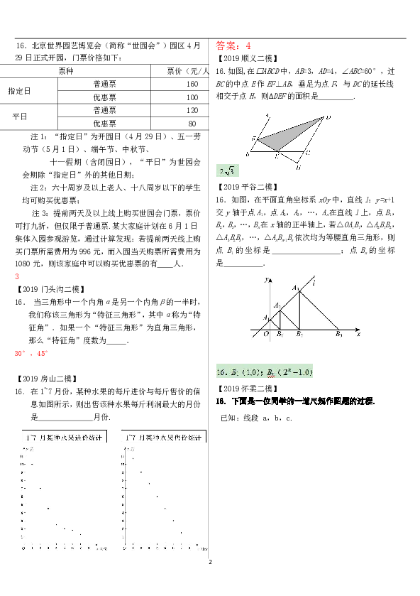 北京市2019年中考二模数学试卷分类汇编：填空压轴题(附答案)