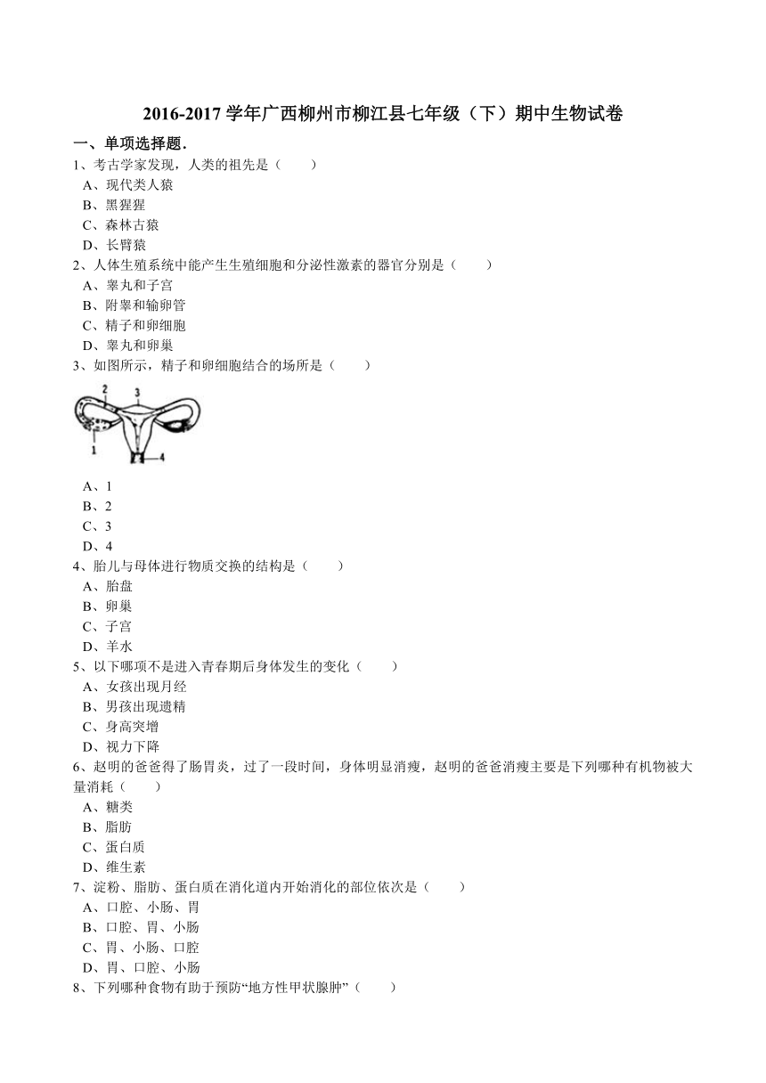广西柳州市柳江县2016-2017学年七年级（下）期中生物试卷（解析版）