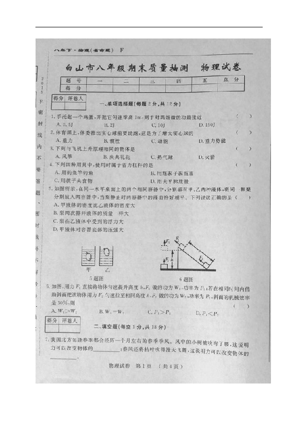 吉林省白山市2018-2019学年八年级下学期期末考试物理试题（图片版含答案）