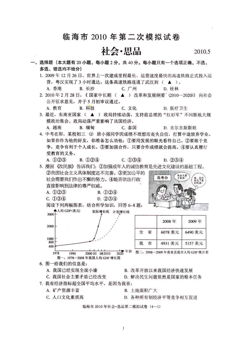 台州临海2010年中考社会二模