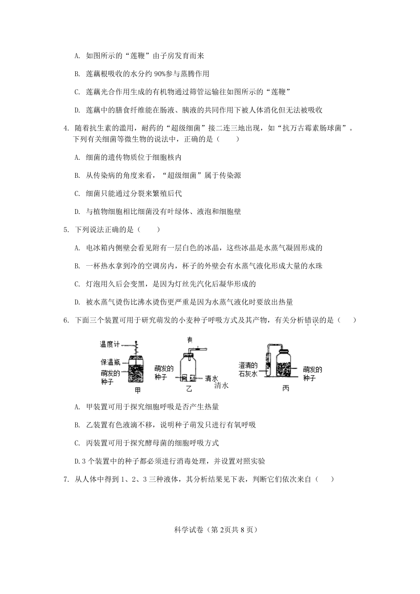 2018年杭州市各类高中招生文化模拟考试科学试题2